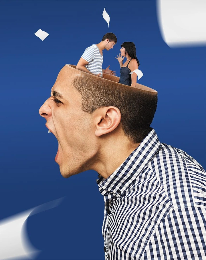 Life & Business Coaches creative ad: Miniature relationship atop thinking mind