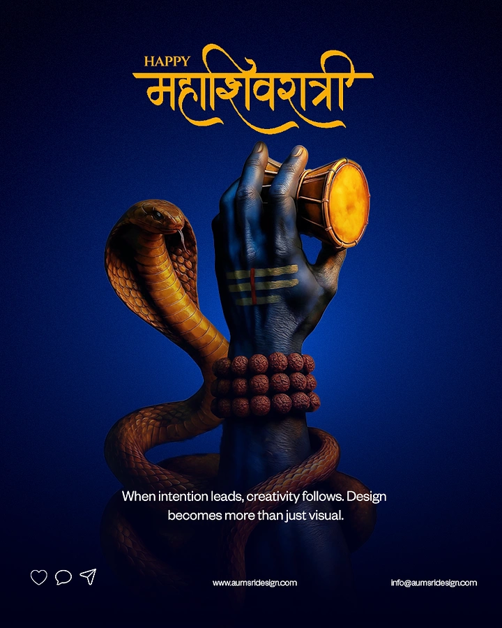 other-festival creative ad: Blue Shiva hand holding a damru, wrapped by a cobra and rudraksha beads