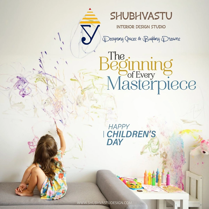Children's Day creative ad: Little girl on a sofa scribbling colourful crayon art on a white wall