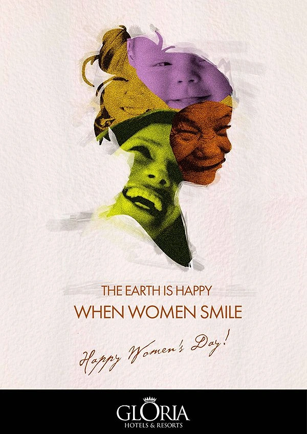 Women's Day creative ad: Female head silhouette made of smiling faces of different ages