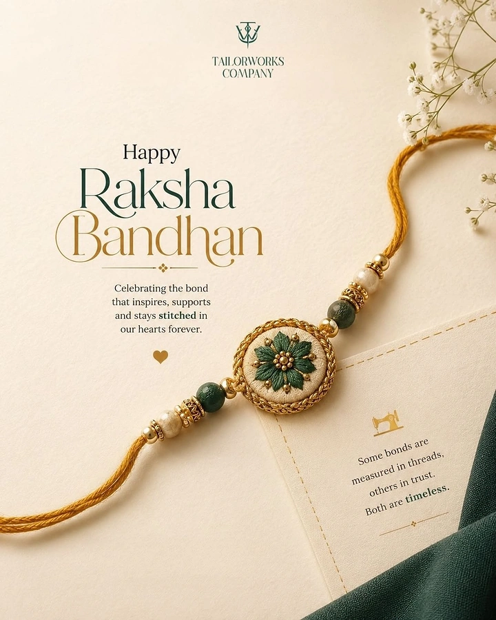 Raksha Bandhan creative ad: Embroidered green-and-gold floral rakhi on cream paper