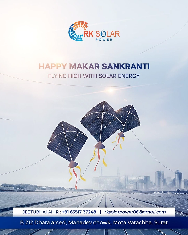 Makar Sankranti creative ad: Three kites made of solar panels flying over a solar farm