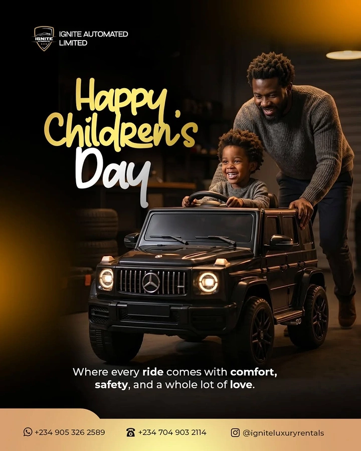 Children's Day creative ad: Father pushing smiling boy in a black toy luxury SUV