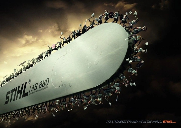 Power Tools creative ad: Surreal people-around-blade composition