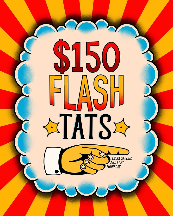 Tattoo Studios creative ad: Retro sunburst pointing-hand flash sale sign