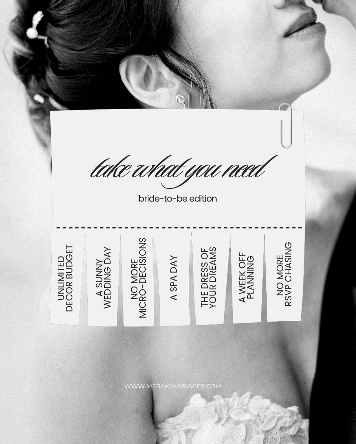 Instagram post: Black-and-white bride close-up with a tear-off tab note overlay