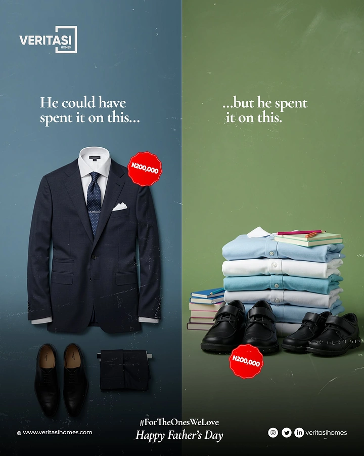 Father's Day creative ad: Split comparison of a man's suit versus children's school uniforms and supplies