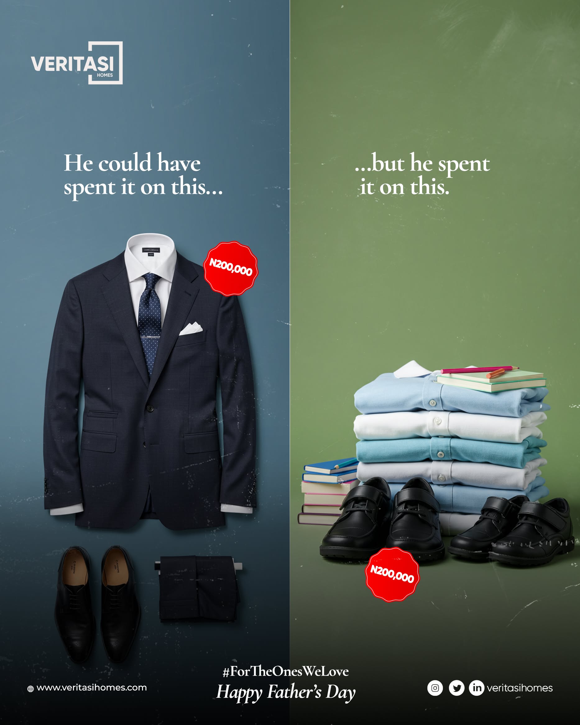 Split comparison of a man's suit versus children's school uniforms and supplies
