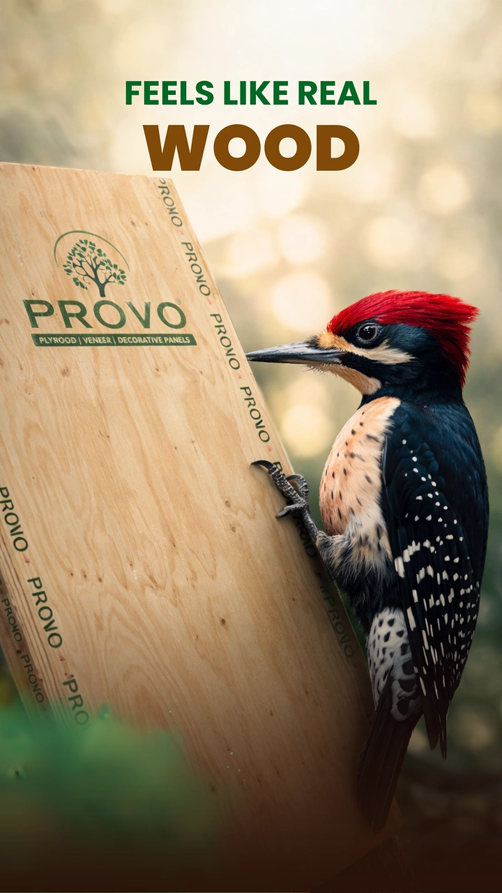 Carpenters & Woodwork creative ad: Woodpecker fooled by laminate: feels real