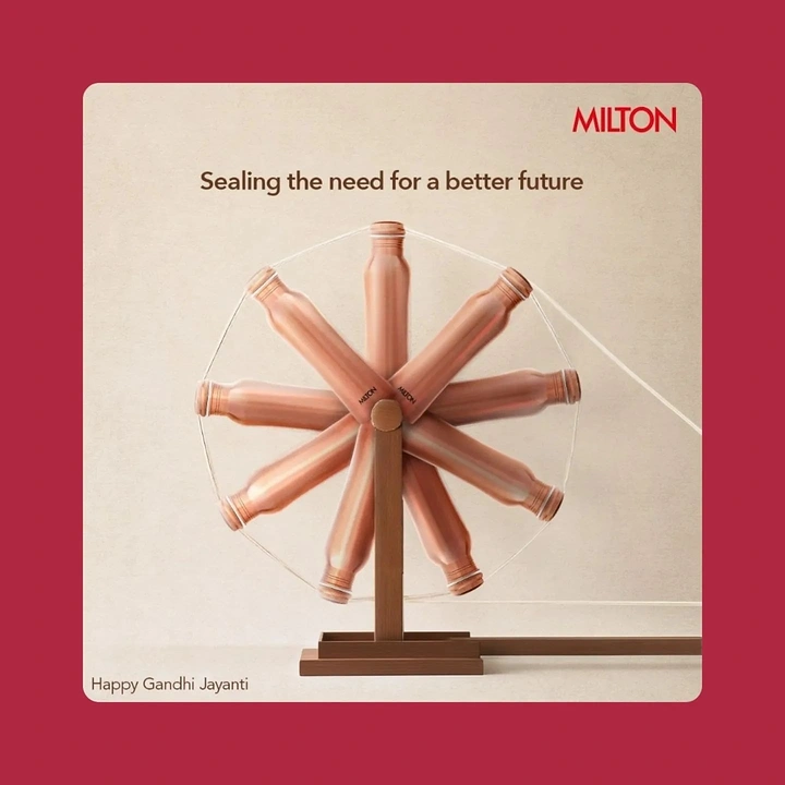 Gandhi Jayanti creative ad: Charkha wheel built from radiating copper water bottles