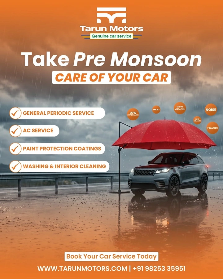 Car Wash & Detailing creative ad: Red umbrella shielding car: monsoon care metaphor