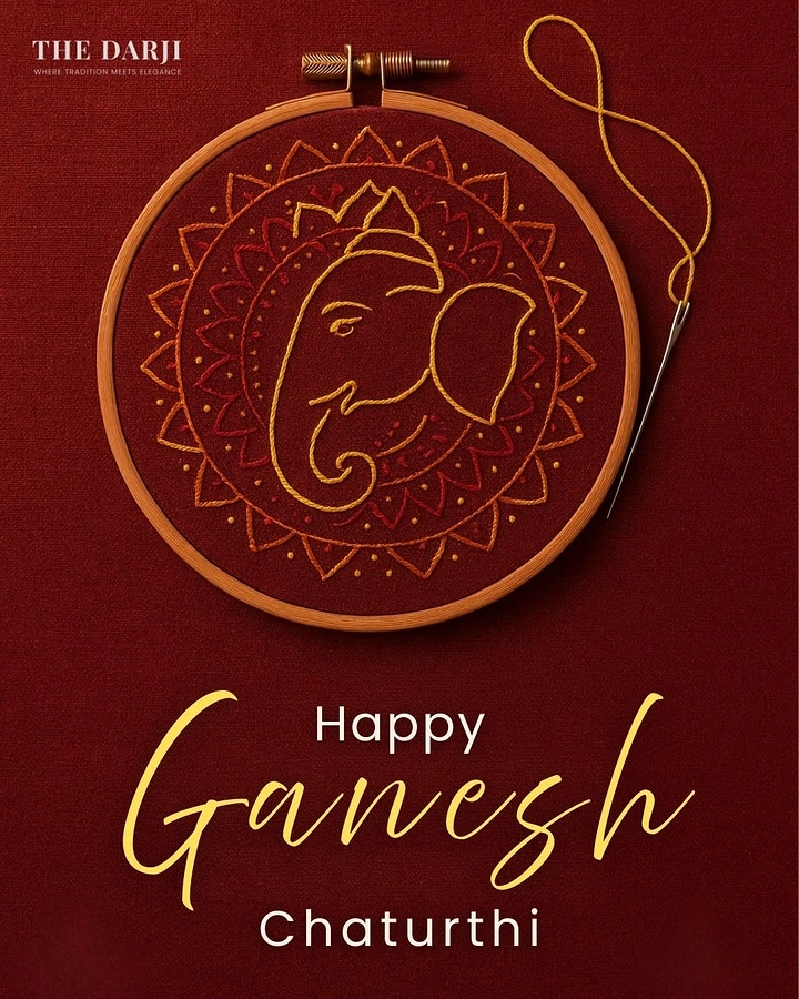 Ganesh Chaturthi creative ad: Embroidery hoop with a stitched line-art Ganesha inside a mandala