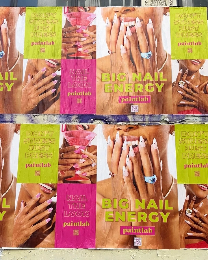 Nail Salons creative ad: Bold wheatpaste 'Big Nail Energy' campaign
