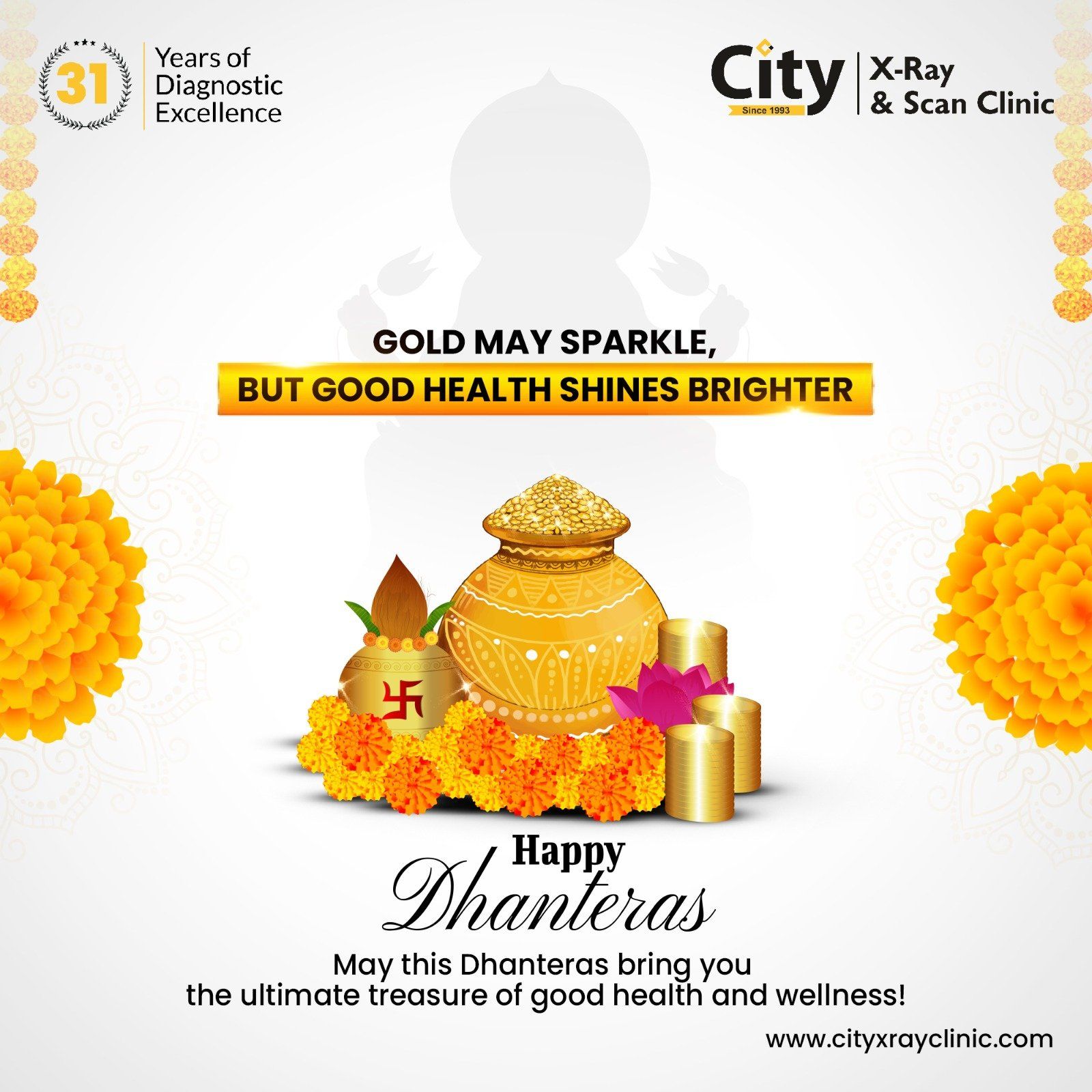 Dhanteras Poster: A decorated golden kalash surrounded by marigolds, coins, and a diya