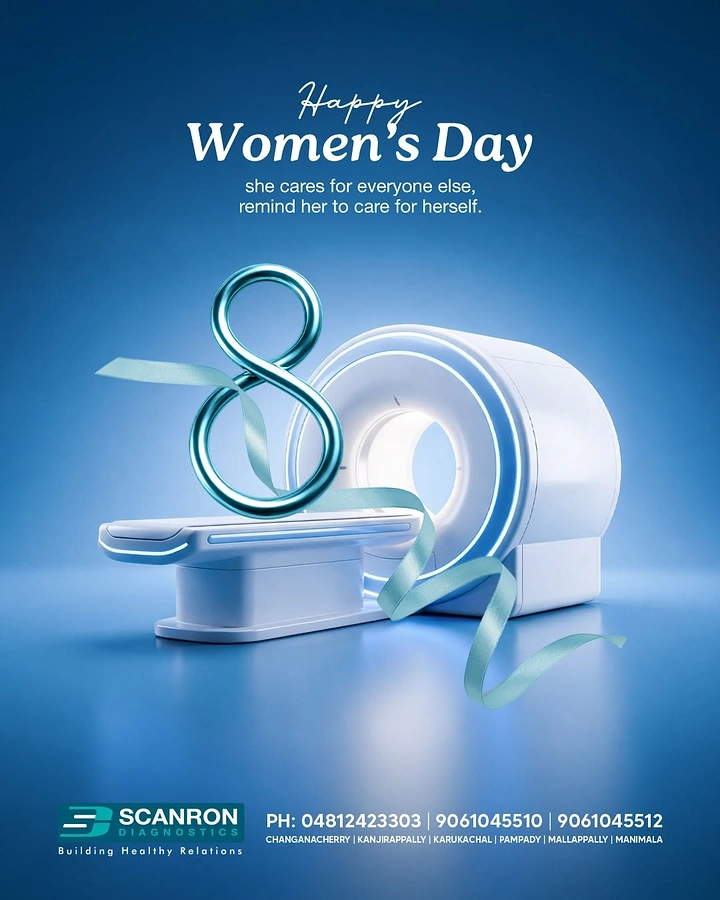 Women's Day creative ad: 3D MRI scanner with a teal chrome number 8 and a flowing ribbon