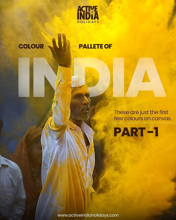 Holi creative ad: Man in white clothes with a raised arm engulfed in yellow colour powder