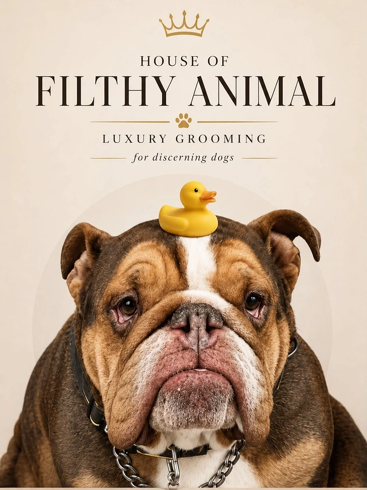 Pet Grooming creative ad: Grumpy bulldog with rubber duck, witty luxury