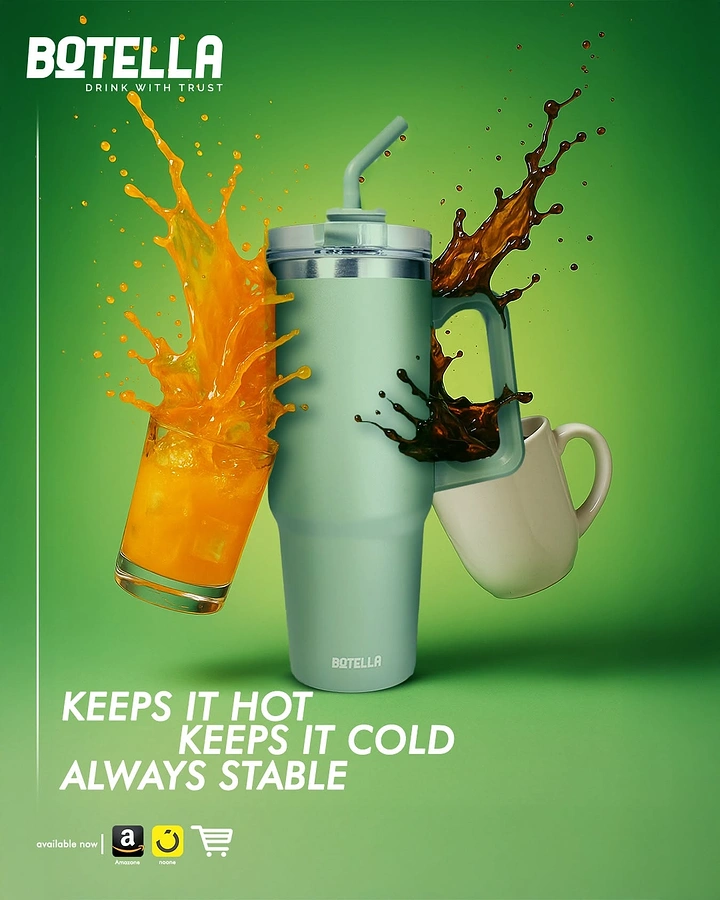 Tumblers, Flasks & Drinkware creative ad: Hot-cold benefit shown through splashes