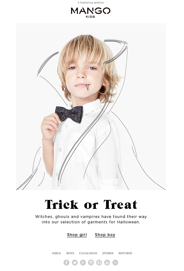 Kids Clothing creative ad: Sketched vampire cape over real outfit