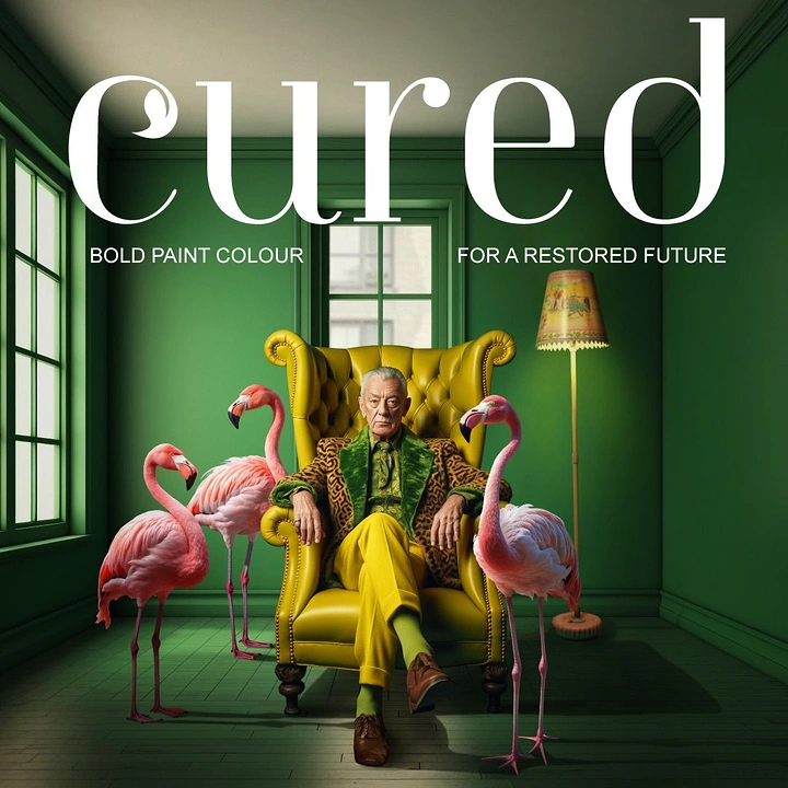 Paint Brands & Paint Shops creative ad: Eccentric older man in a yellow wingback chair among pink flamingos in a green room