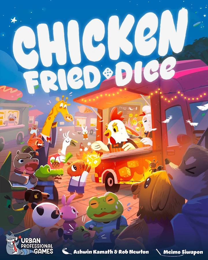 Board Games & Game Cafes creative ad: Rooster chef serving glowing dice from a food truck to a crowd of animals