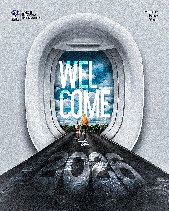 New Year creative ad: Airplane window opening onto a road with two travellers walking toward the sky