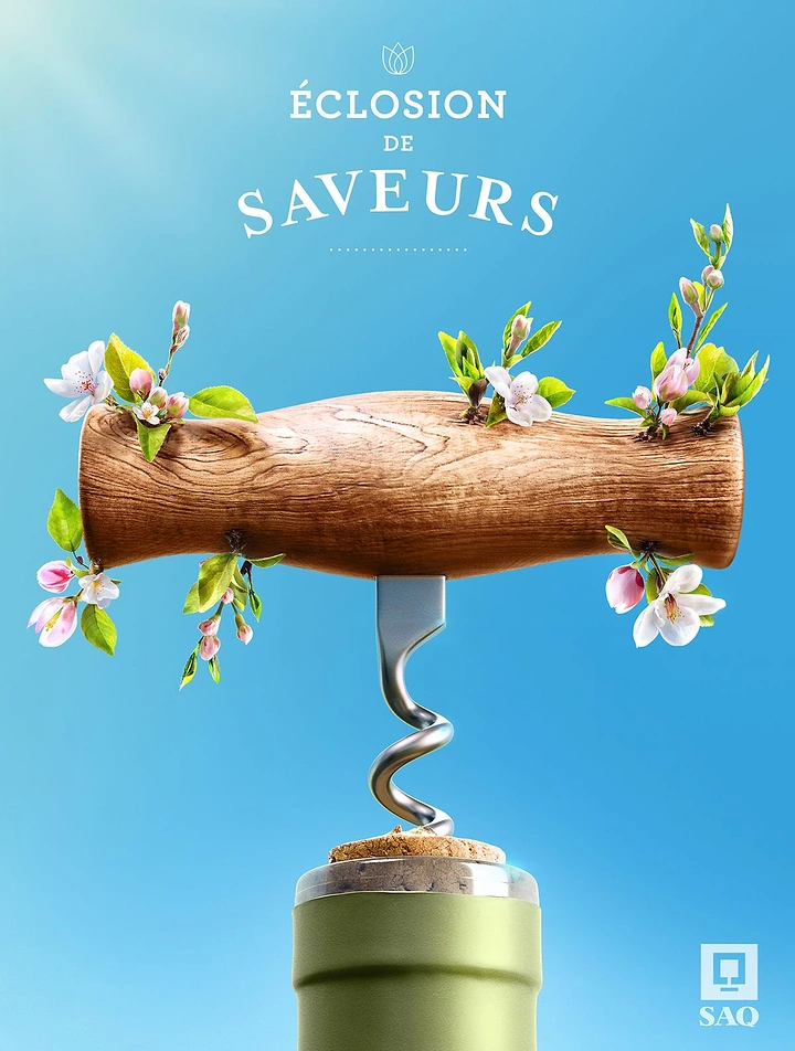 Creative ad: Wooden corkscrew sprouting spring blossoms above a bottle
