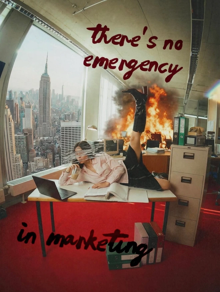 Agency creative ad: Burning office, ironic 'no emergency' copy
