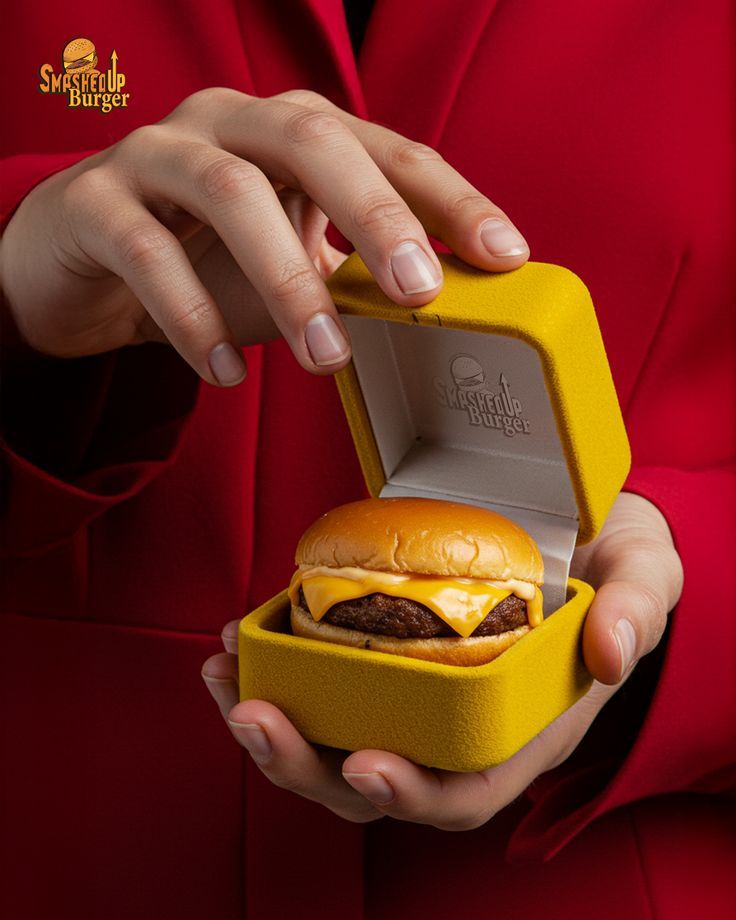 Instagram post: Mini cheeseburger inside an open yellow velvet ring box held in hands