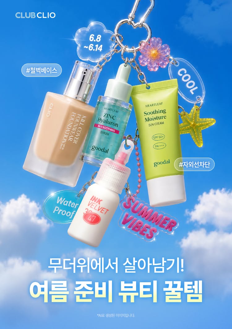 Poster: Cosmetic products hanging as keychain charms from a carabiner