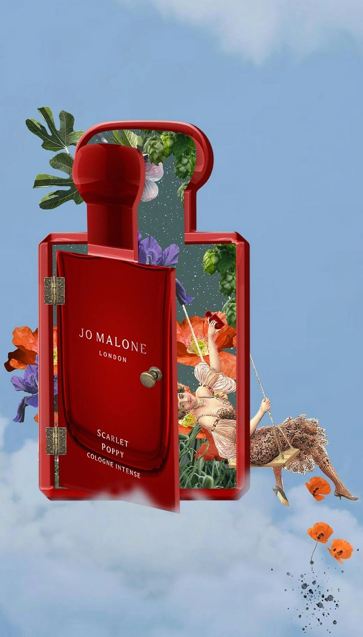 Perfume & Fragrance creative ad: Red cologne bottle with a door opening onto a surreal floral garden