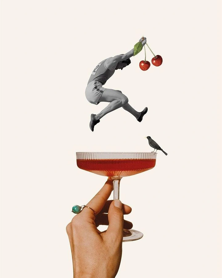Bars & Pubs creative ad: Surreal jumping figure meets cocktail
