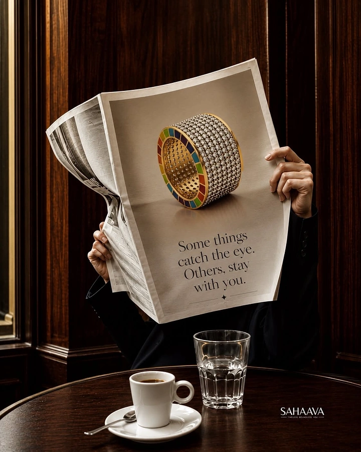 Jewellery creative ad: Person reading a newspaper with a full-page ring ad in a café