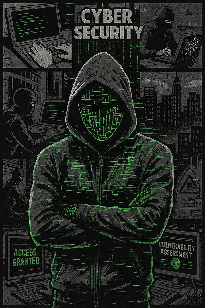 Cybersecurity Companies creative ad: Hooded hacker as cyber sentinel