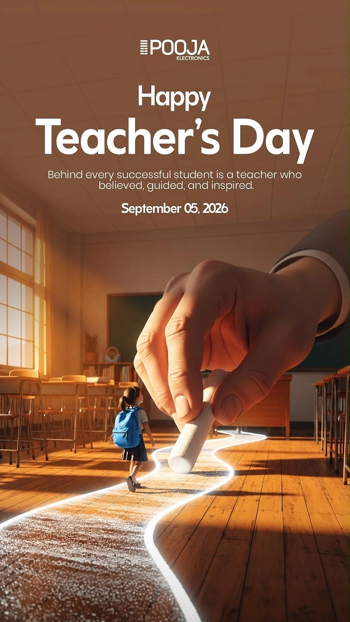 Teachers Day creative ad: Giant hand drawing a chalk path for a small schoolgirl