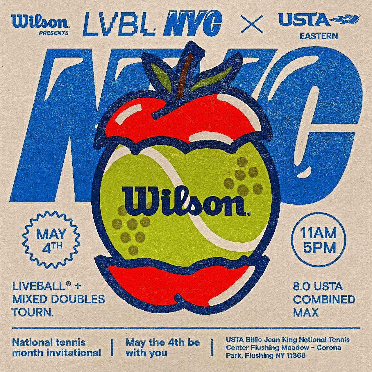 Instagram post: Illustrated apple core with a tennis ball inside, over giant city letters