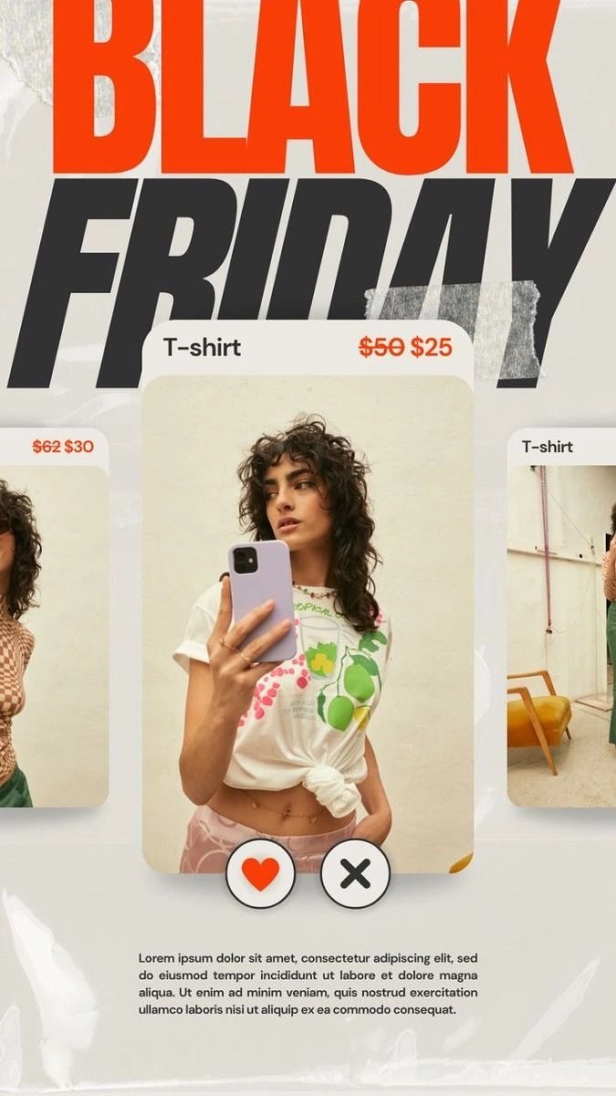 Black Friday creative ad: Model in graphic tee taking a mirror selfie on a swipe-style product card