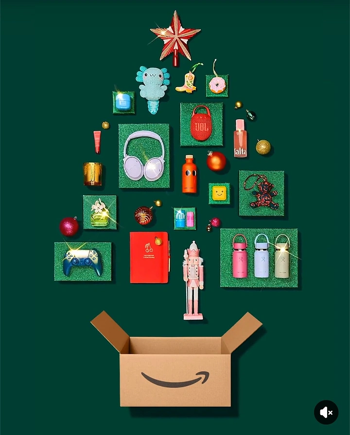 Christmas creative ad: Gift products arranged into a Christmas tree shape rising out of an open shipping box