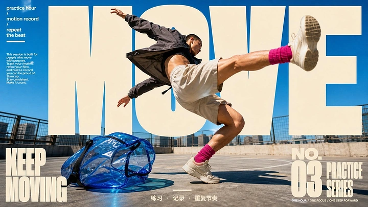 Gym & Fitness creative ad: Male dancer kicking mid-motion on a rooftop court in front of giant cream type