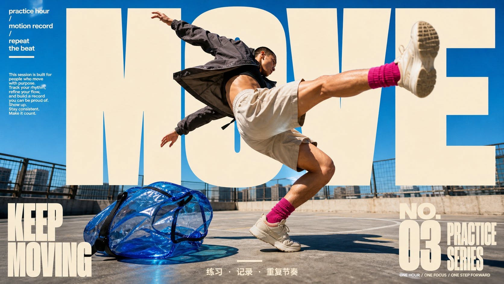 Banner: Male dancer kicking mid-motion on a rooftop court in front of giant cream type