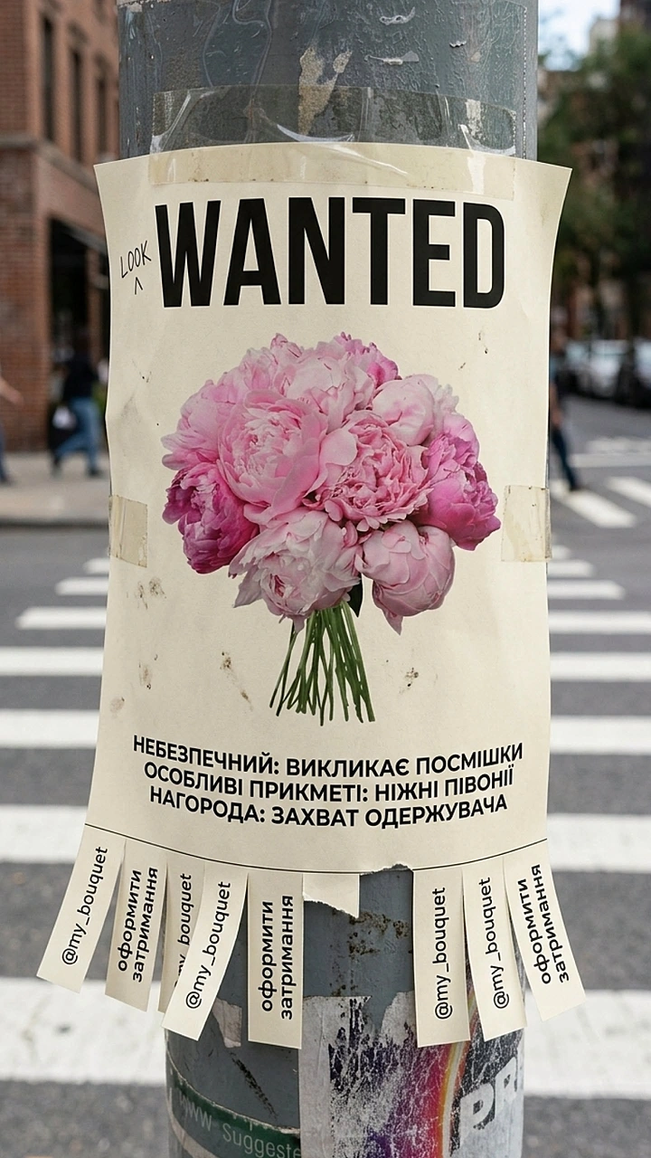 Florists creative ad: Wanted poster with tear-off tabs for peonies