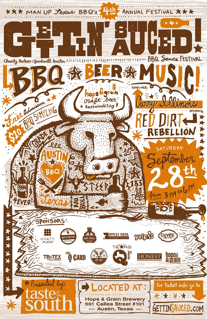 BBQ & Grill Restaurants creative ad: Sauced pun and outstanding hand-drawn typography