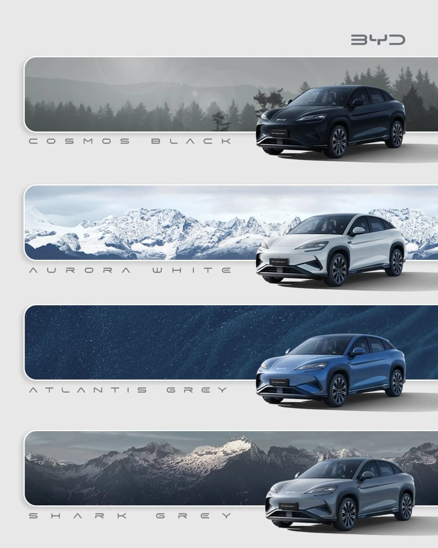 Instagram post: Four colour variants of an electric crossover SUV, each over a matching landscape strip