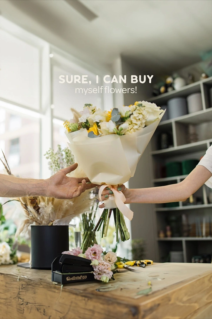 Florists creative ad: 'Buy myself flowers' lyric, self-love handoff shot