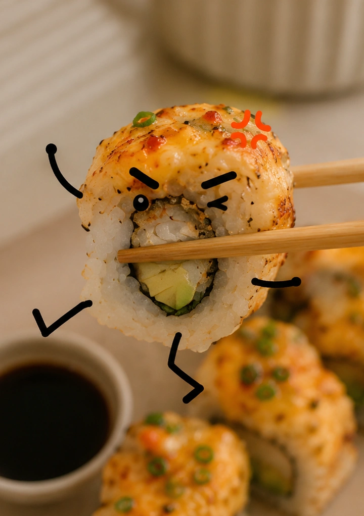 Sushi & Japanese Restaurants creative ad: Playful anthropomorphic sushi doodle
