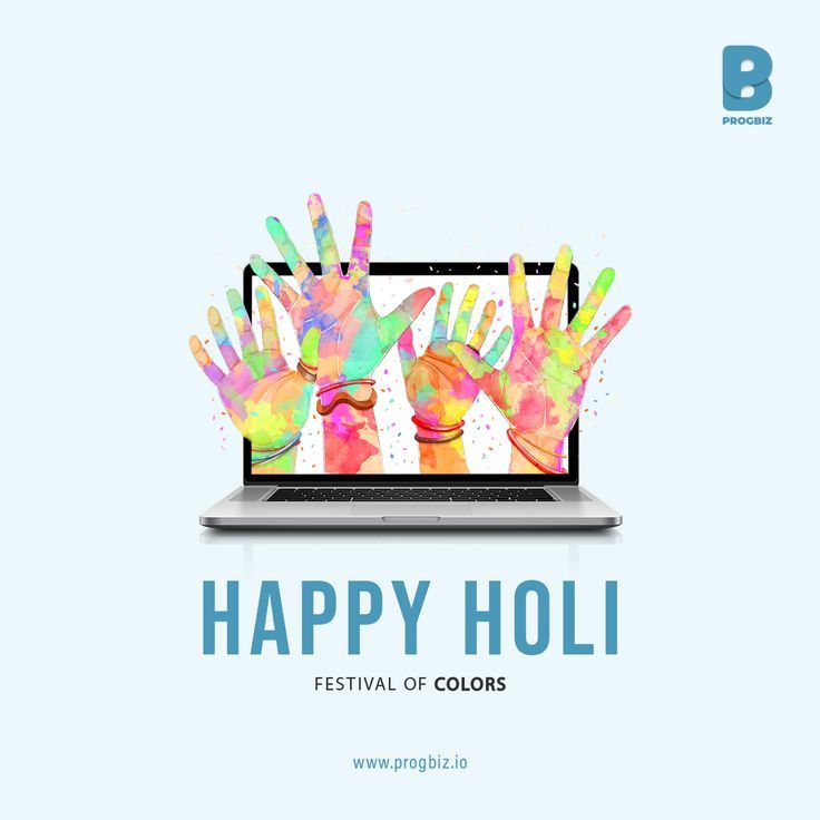 Holi Instagram post: Colour-smeared raised hands bursting out of a laptop screen