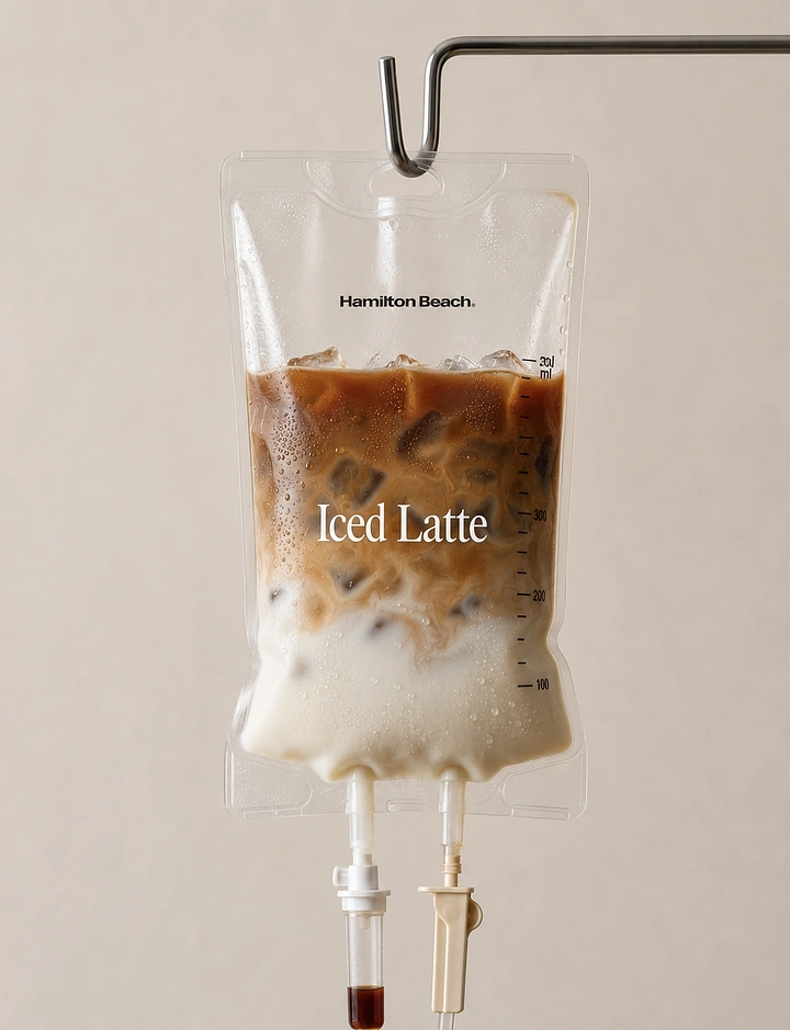 Electronics creative ad: Iced latte inside a hanging IV drip bag