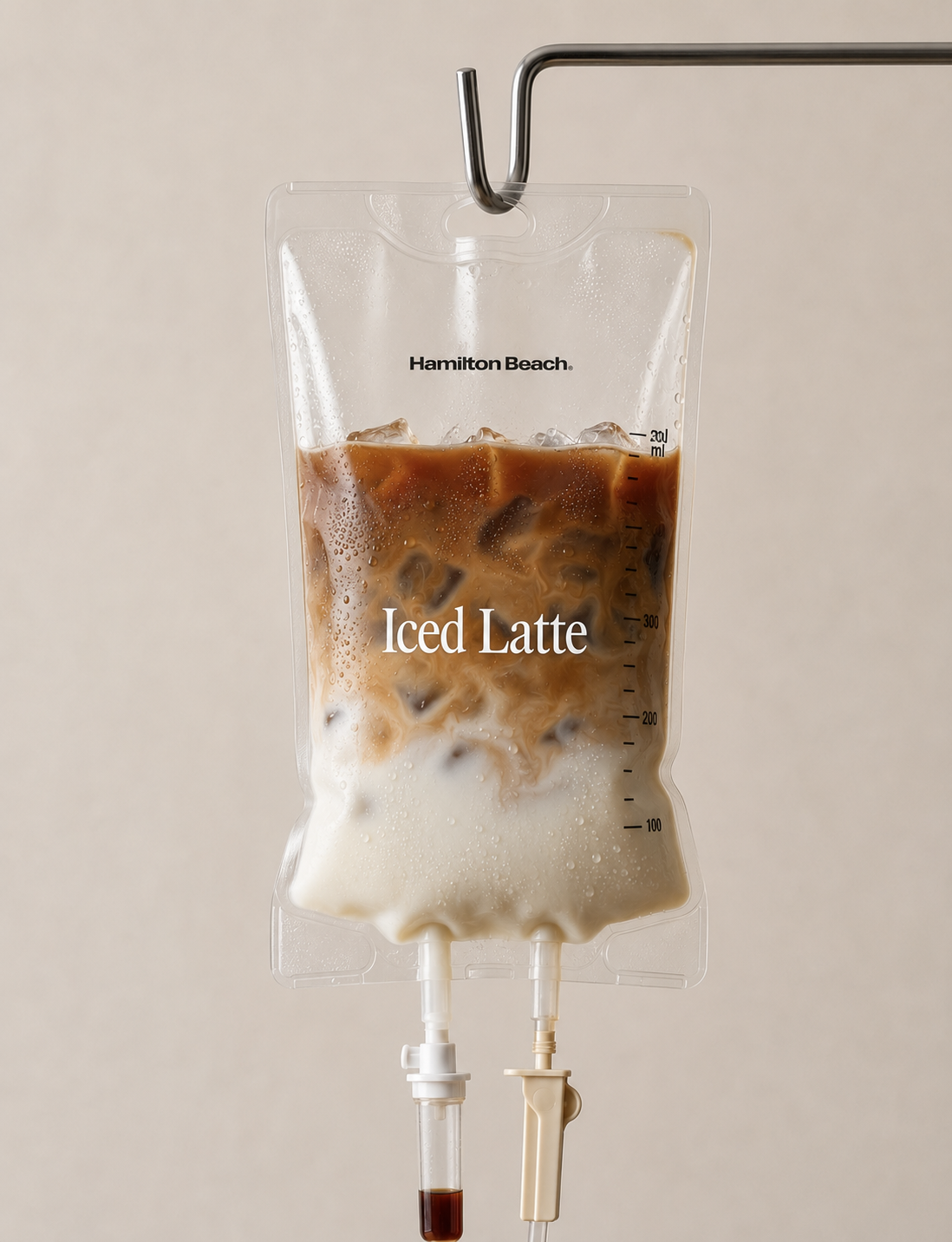 Instagram post: Iced latte inside a hanging IV drip bag