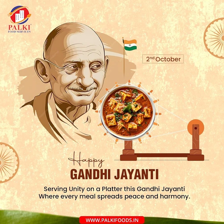 Gandhi Jayanti creative ad: Illustrated Gandhi portrait beside a food platter and balance-scale composition