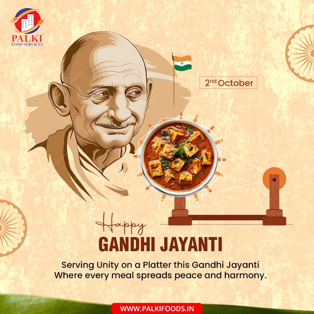 Gandhi Jayanti Poster: Illustrated Gandhi portrait beside a food platter and balance-scale composition